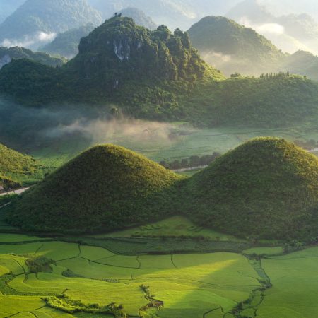 Beautiful Landscape With Rice Paddy Field Of Fairy Bosom Or Woman Breasts Twin Mountains, Nui Doi, Double Mountains The Travel Destination Famous Place In Tam Son Town, Quan Ba, Ha Giang, Vietnam